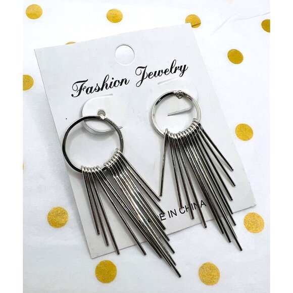 Silver Hoop Earrings With Dangling Spikes Fashion Jewelry - Picture 1 of 2